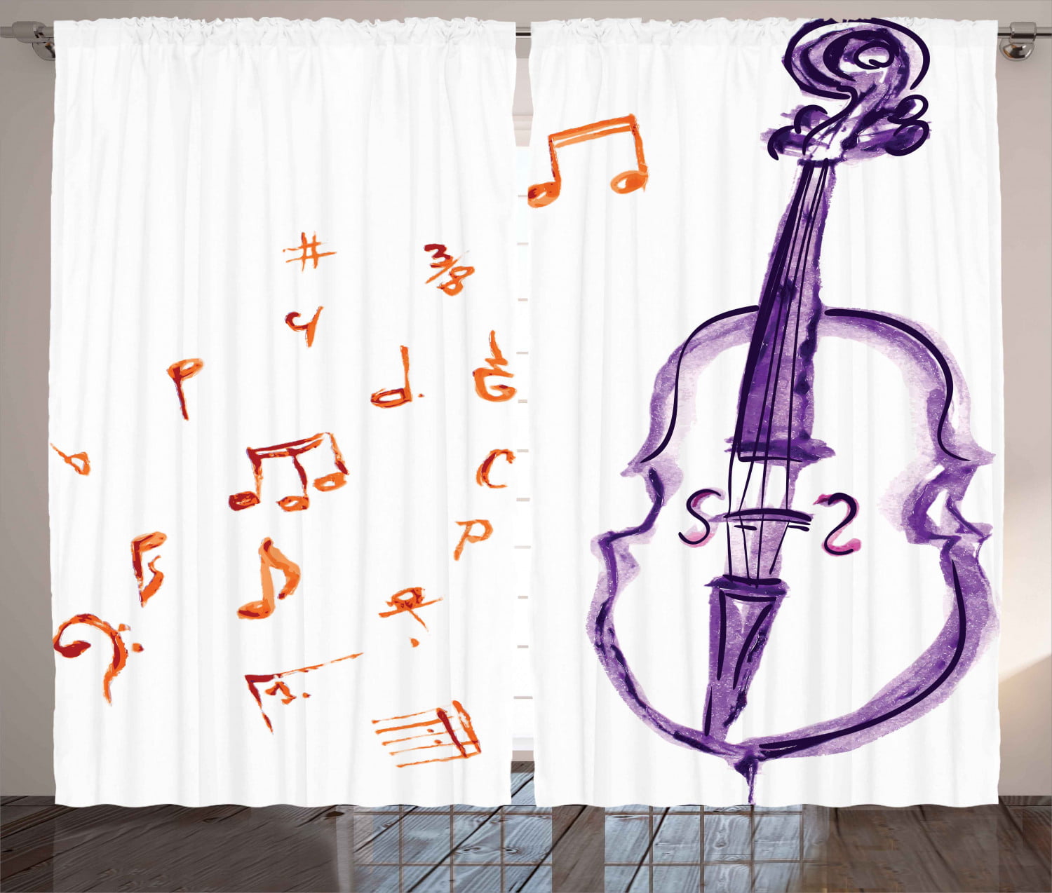 Music Decor Energy-Saving and Noise-reducing Living Room Color Curtains W52 x L63 Inch Purple and Red Musical Notes Instrument Violin Watercolor Based White Backdrop Print 