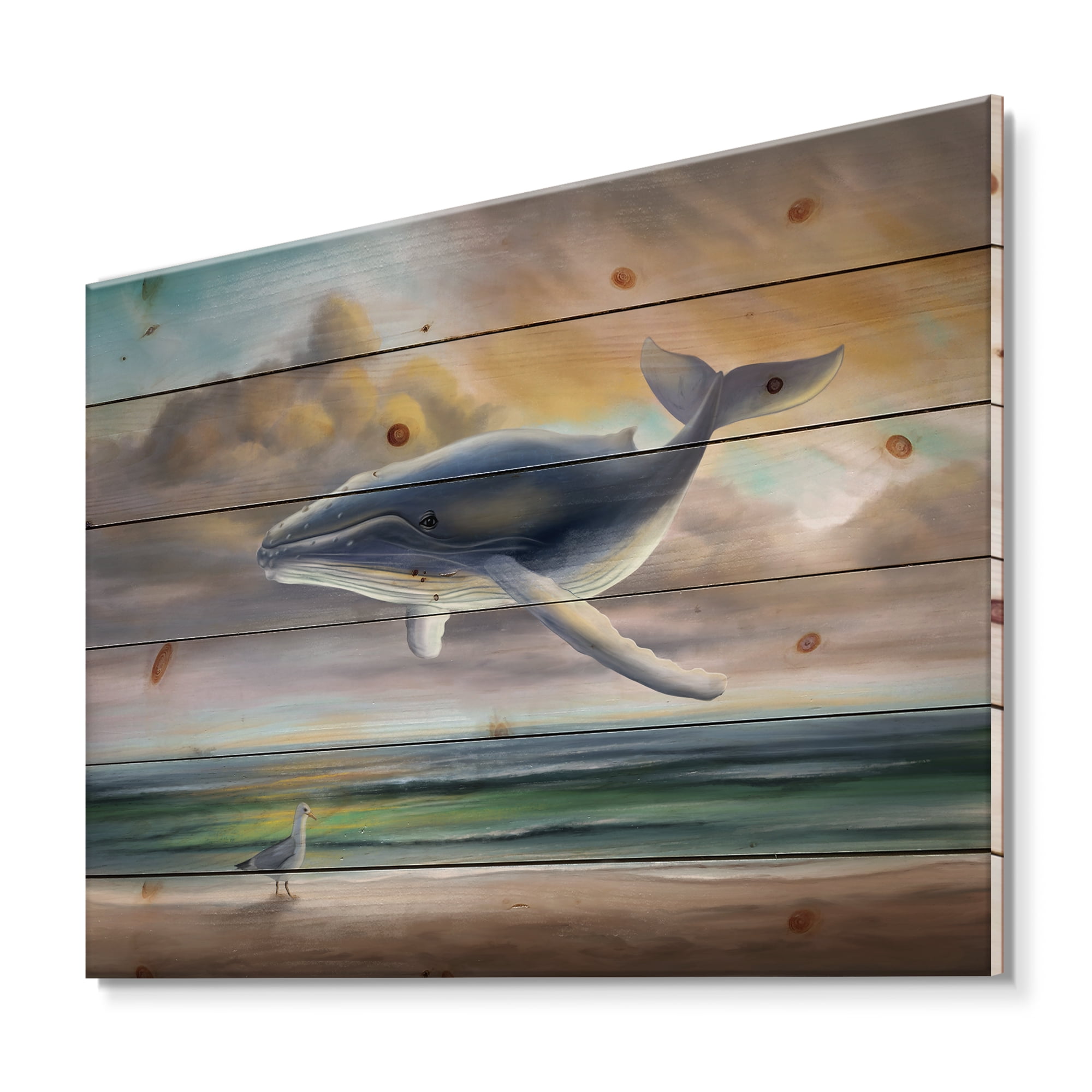 Designart 'Whale Floating In The Sky Over Beach' Children's Art Print on Natural Pine Wood