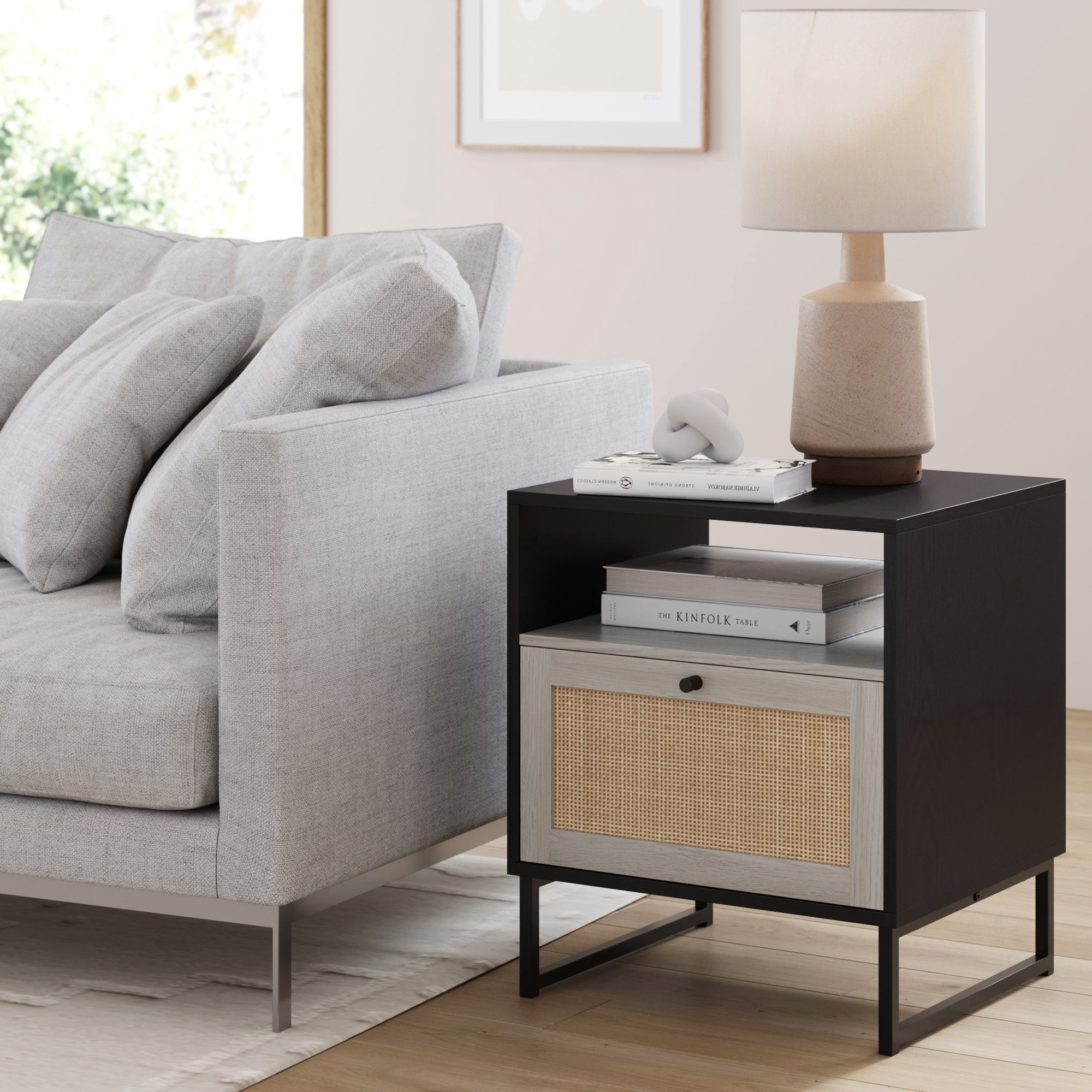 Nathan James Mina Accent Nightstand Table with Rattan Storage Door