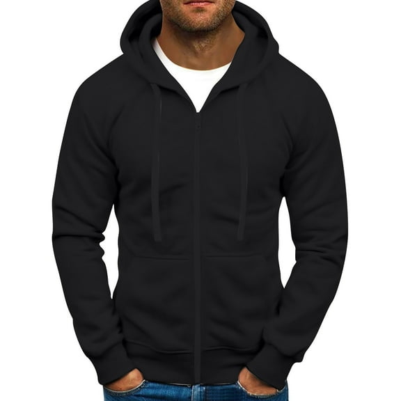 WTOBBY Men's Full Zip Up Plush Hooded Sweatshirt, Long Sleeve Pullover Jacket with Pockets, Tall Sizes Available for Casual and Outdoor Use,Black L