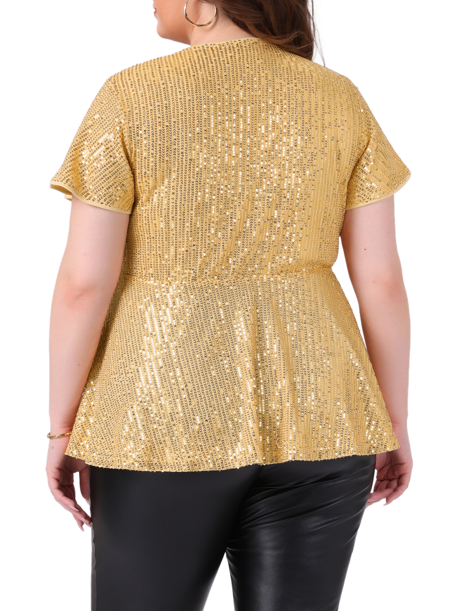 DARING DIVA Women's Plus Sequin V Neck Faux Wrap Metallic Shirt 3X Gold