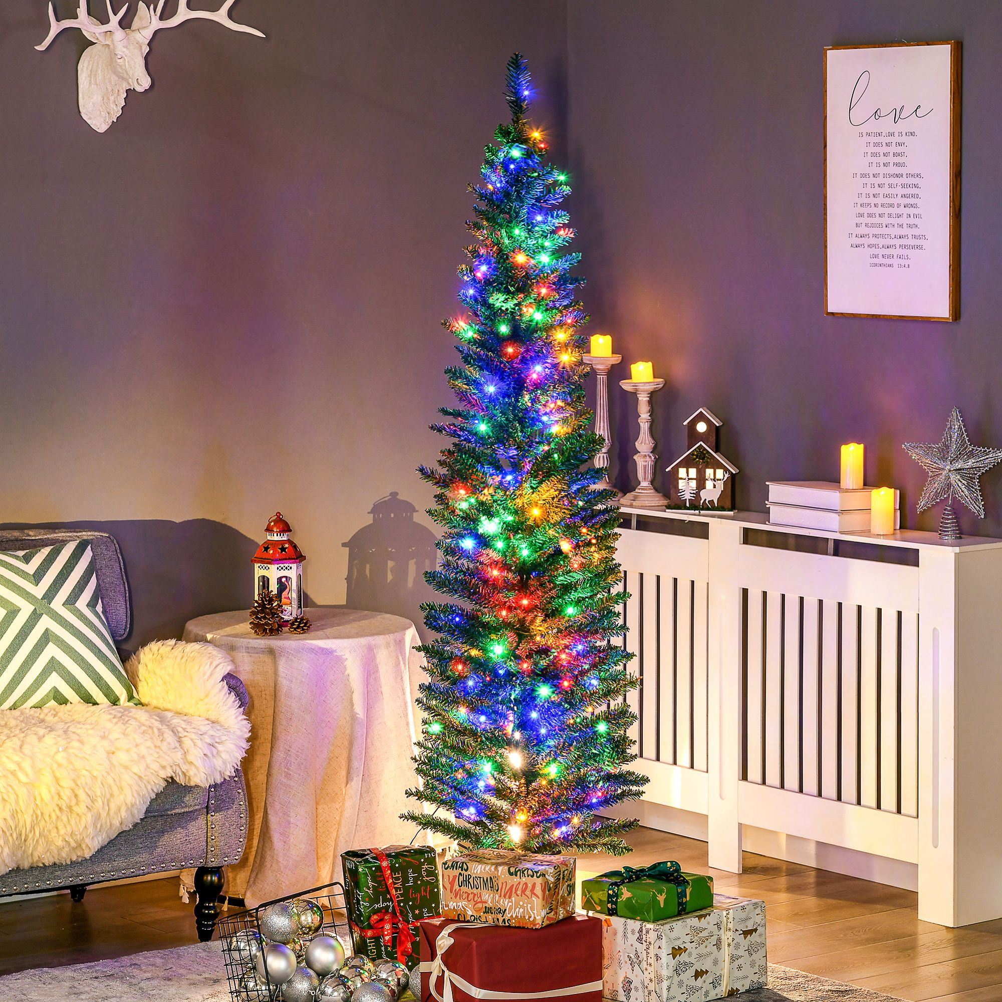 6 ft Prelit Artificial Pencil Christmas Tree with 150 Colorful LED Lights, 390 Tips, Steel Base, Skinny Space-Saving Holiday Decoration for Small Rooms and Entryways
