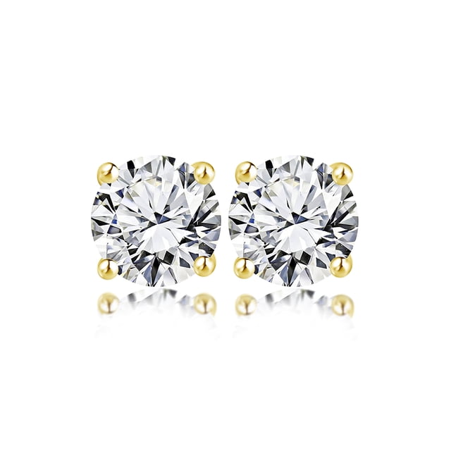 Pendientes Tipo Botón JeenMata con Diamantes Redondos de 0,38 Quilates Baño de Oro Amarillo de 18 K sobre Plata