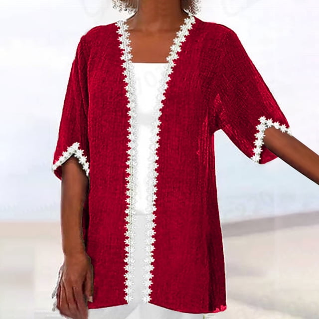 Puntoco Cárdigan De Mujer Abrigo Otoño Encaje Verano Color Sólido Manga Media top Rojo L, Regalo Para Mujer