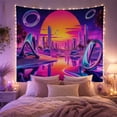 thumbnail image 2 of Futuristic City Among Purple Dunes and Chrome Loops, Dreamy Retro Style for Synthwave Fans, Sci Fi Wall Art, Housewarming Gift, Tapestry Wall Hanging for Bedroom and Gaming Room, 2 of 7