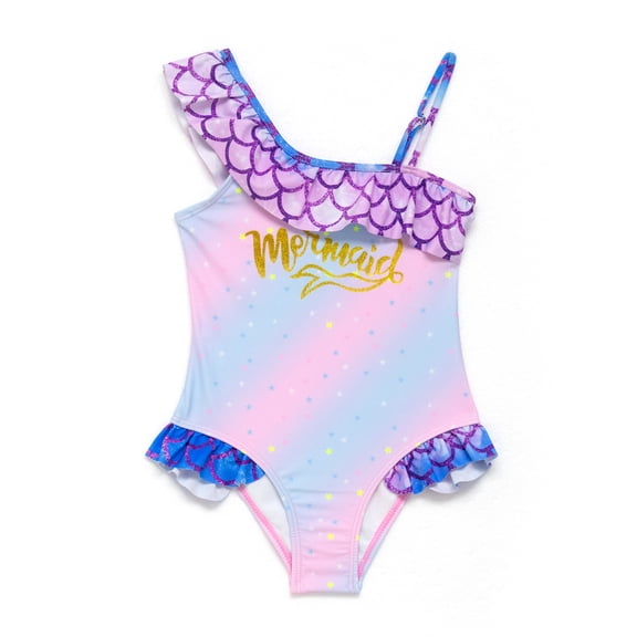NIPAXO Girls One Piece Swimsuit Asymmetric One Shoulder Ruffle Mermaid Scale Ombre Pastel Glitter Script Swimwear for Grils Toddler Age 6 Years