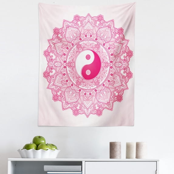 Ying Yang Tapestry, Traditional Yin Yang with Tao Mandala Pattern Floral Style Design, Fabric Wall Hanging Decor for Bedroom Living Room Dorm, 5 Sizes, Pink, by Ambesonne