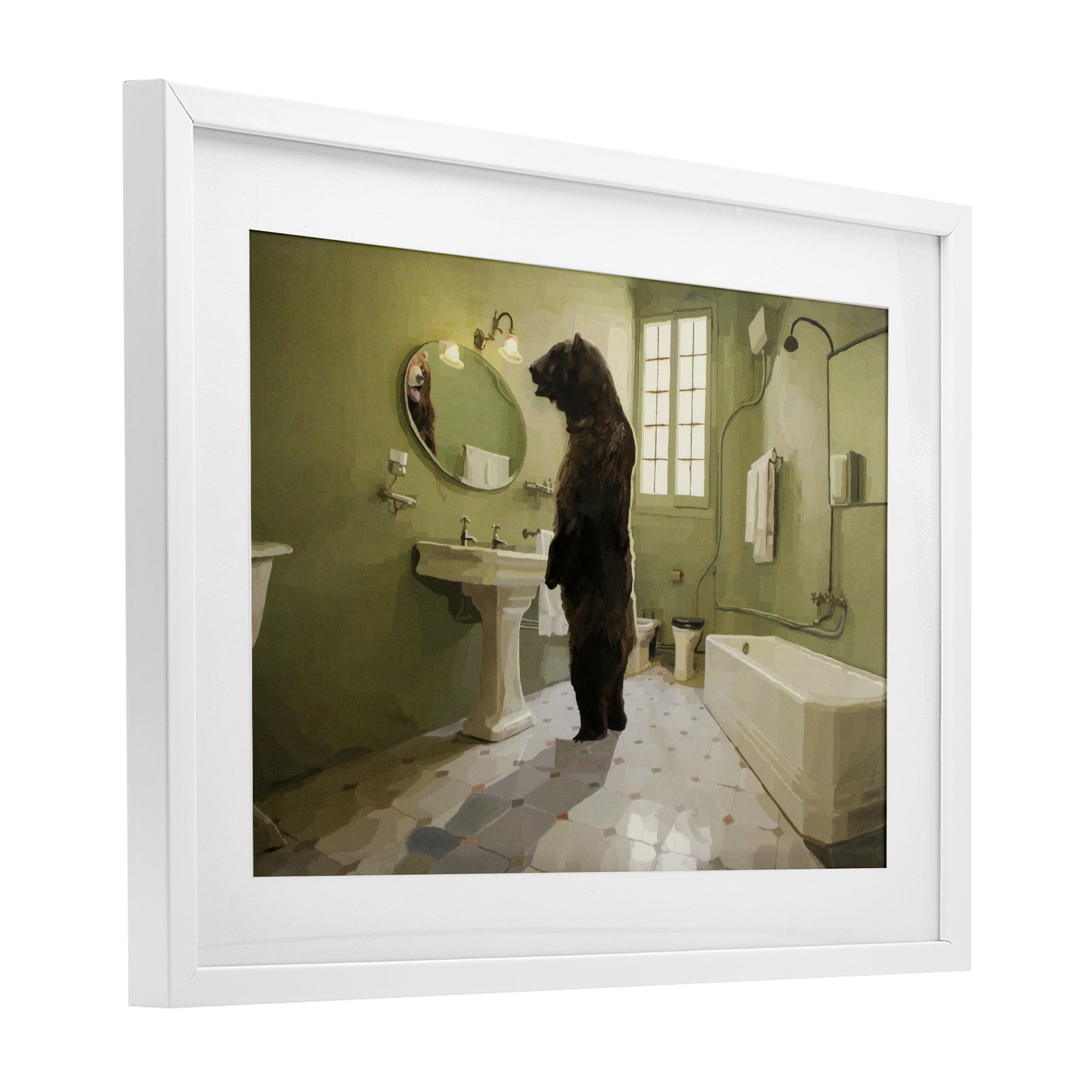 The Houseguest Bear in Bathroom White Framed Print Under Glass, design by Keith Thomson