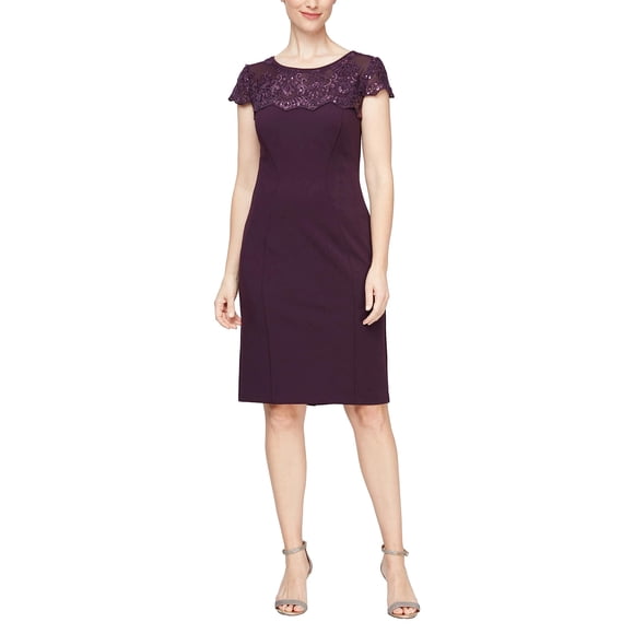 Alex Evenings Women's Petite Short Embroidered Dresses, Eggplant Crepe