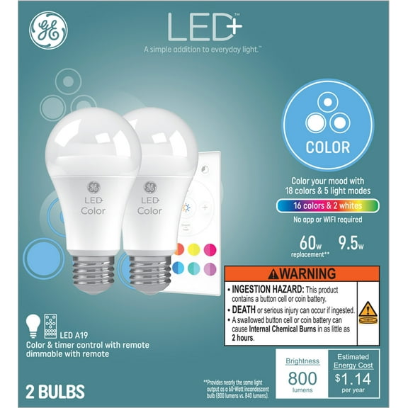 GE LED  Color Changing Light Bulbs with Remote Control, 18 Color Options, A19 Light Bulbs 2pk