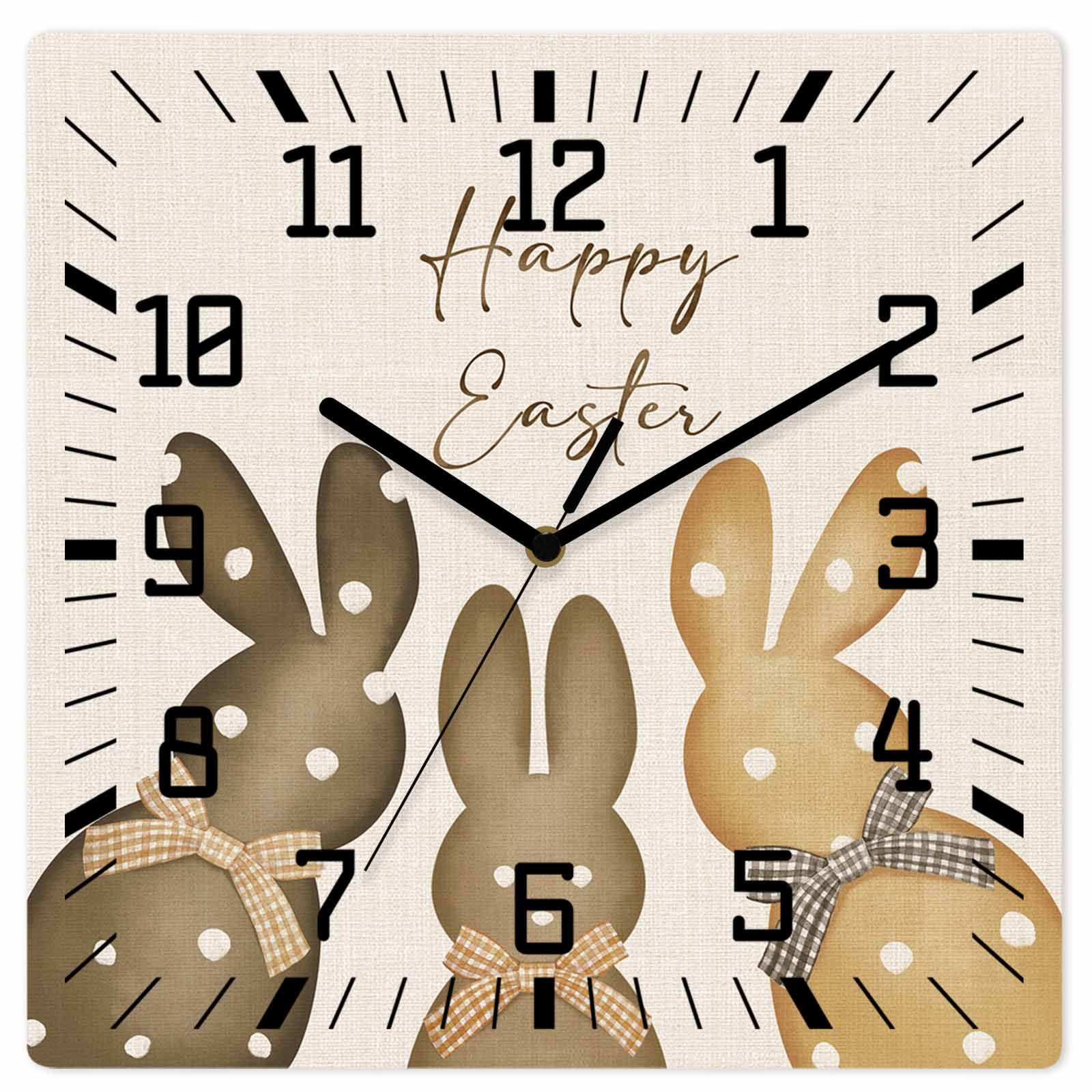 Happy Easter Wooden Wall Clock Silent Non Ticking, Polka Dot Bunny Spring Beige Burlap Square Wall Clocks Battery Operated, Decor Clock for Home Office, Living Room, Kitchen, 12 Inch