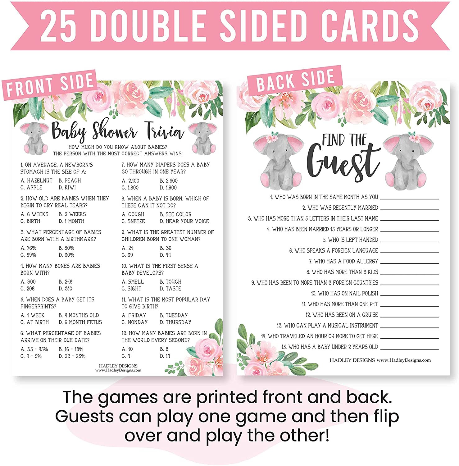  Baby Shower Games for Girl - Set of 4 Games for 30 Guests -  Double Sided Cards - Baby Shower Supplies - Elephant Theme : Home & Kitchen