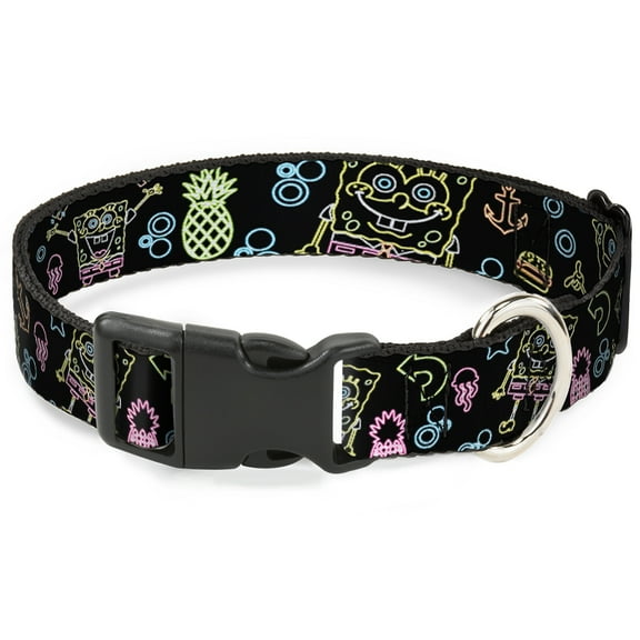 Nickelodeon Pet Collar, Dog Collar Plastic Buckle, Electric Spongebob Poses Elements Black Multi Color, 7 to 8.5 Inches 0.5 Inch Wide