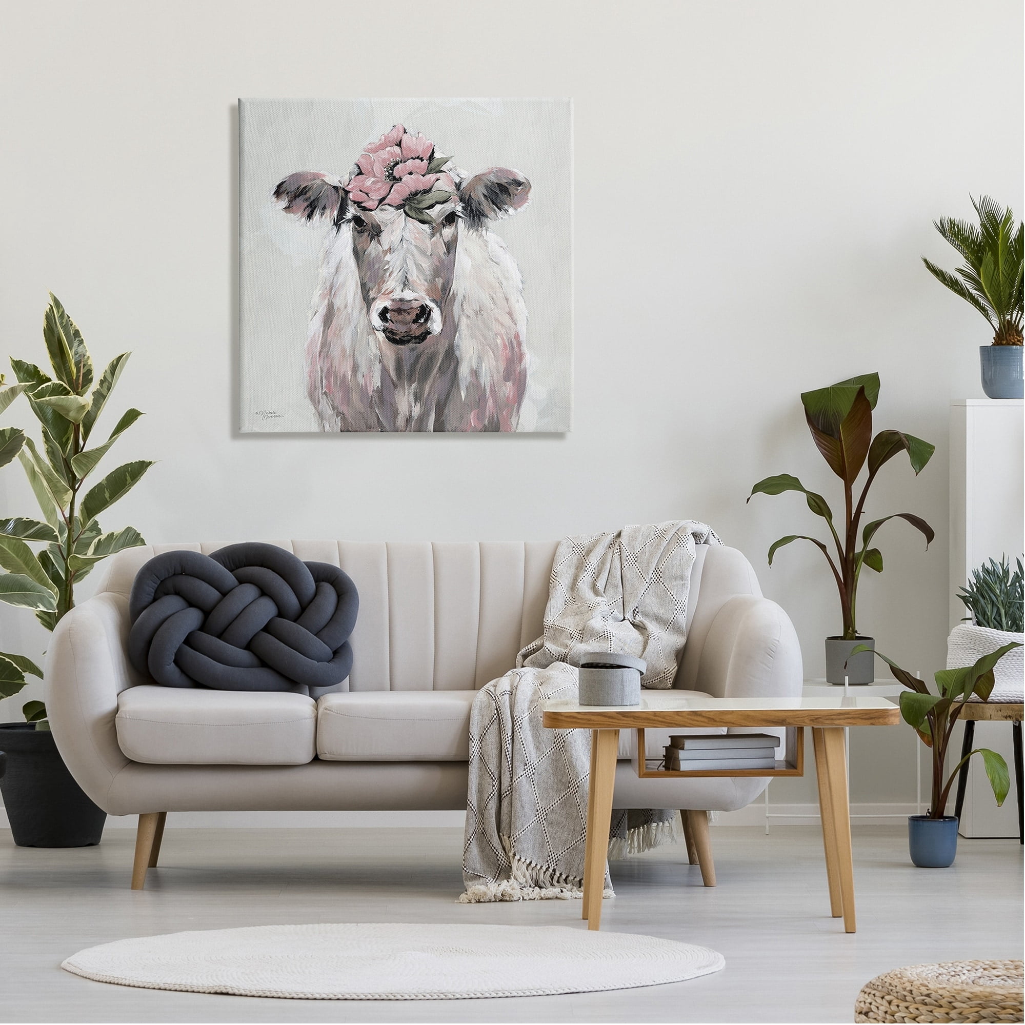 Stupell Industries Cow Cattle Flower Blossom Botanical Painterly Illustration Paintings Gallery-Wrapped Canvas Print Wall Art, 30x30, by Michele Norman
