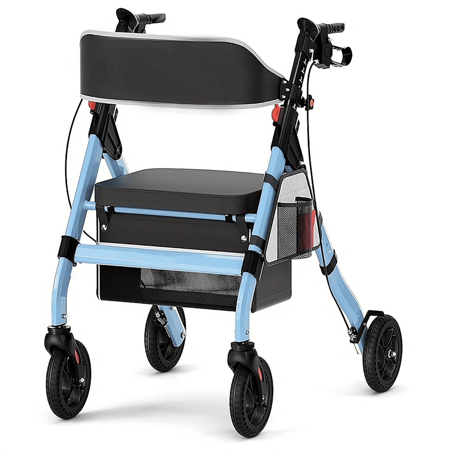 Foldable Heavy-Duty Rollator Walkers with Seat for Seniors, Blue,400 lb Capacity, 8'' Wheels, 18" Big Seat, 6-Position Height, Aluminum Rolling Walker