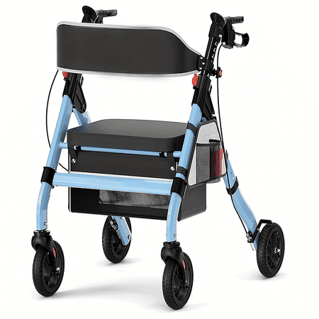 Blue Heavy-Duty Foldable Rollator Walker, 450LB Capacity, 18" Wide Seat, 8" All-Terrain Wheels, Adjustable Height Aluminum Rolling Walker