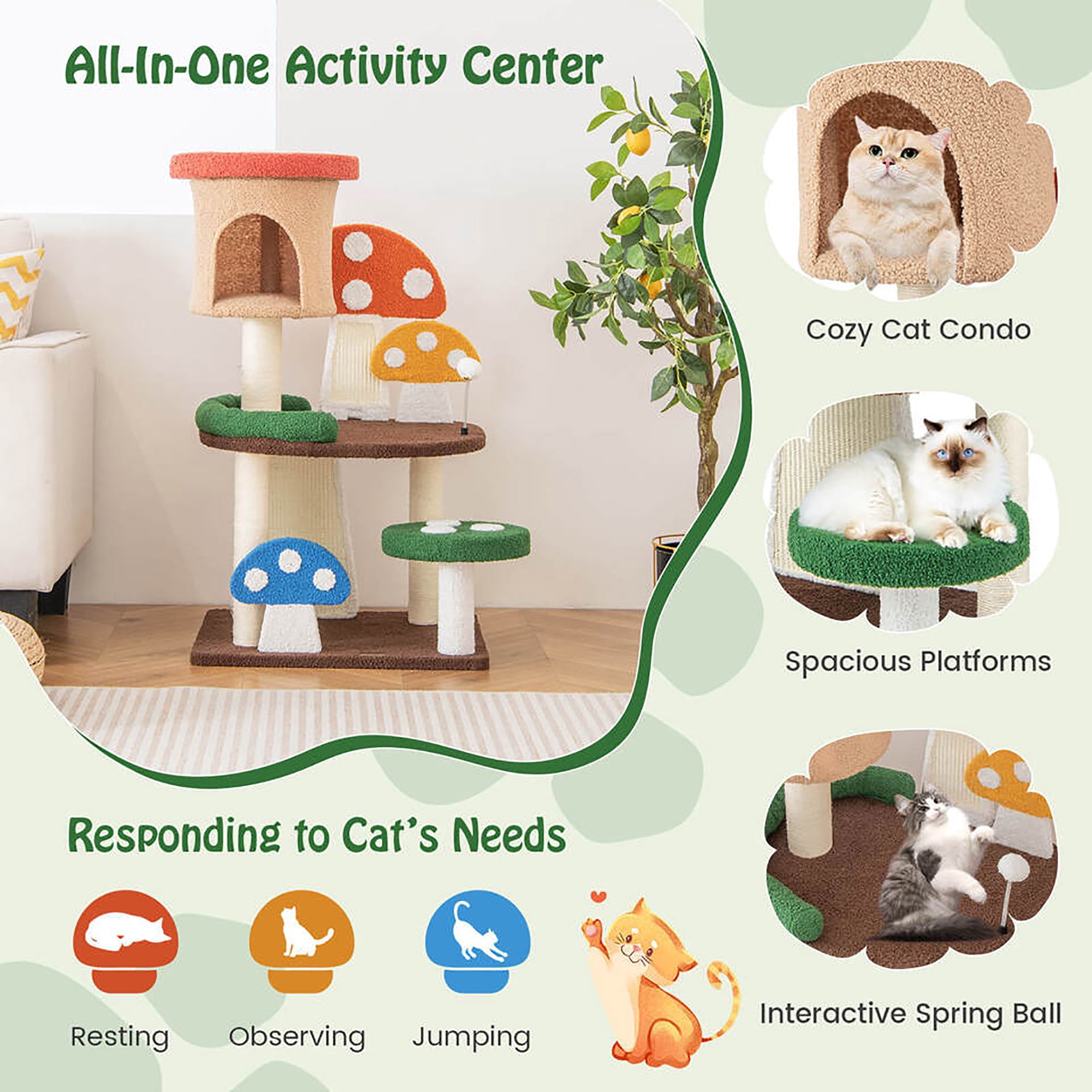 Gymax 41'' Mushroom Cat Tree Tower Patended Indoor Kitten Activity Center w/ Natural Sisal Posts