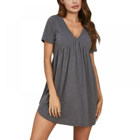 

Women Short Sleepshirt V Neck Pleated Nightgown Casual Short Sleeve Night Dress Cozy Sexy Lounger Sleepwear Gray S=US6