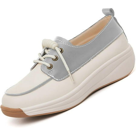 Women Leather Lace Up Platform Sneakers Walking Shoes Fashion Wedge Walking Sneakers Leather Color Blocking Loafers