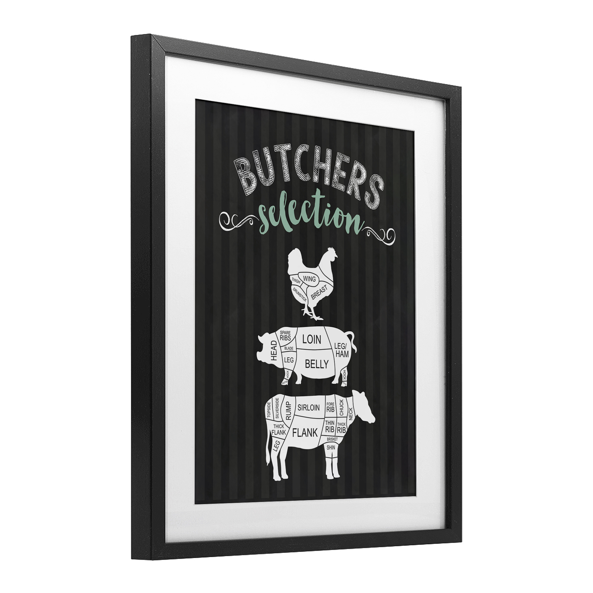 Butchers Selection Animal Sections Black Framed Print Under Glass, design by Lettered and Lined