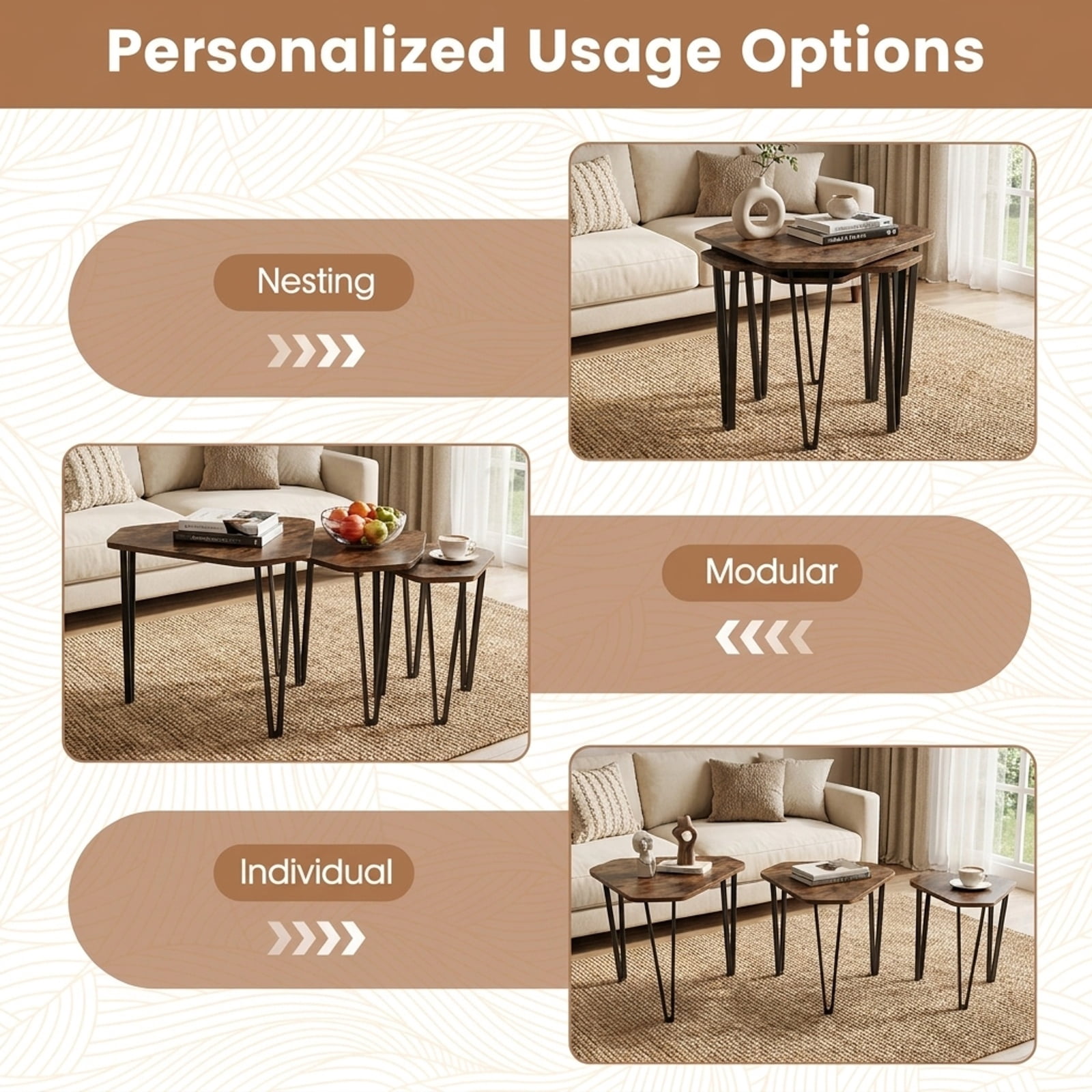 Furnibear Set of 3 Nesting Coffee Tables with Engineered Wood Top and Metal Frame for Living Room Bedroom and Guest Room, Rustic Brown