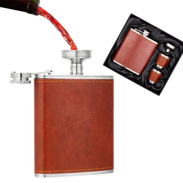 Leather Wrapped USMC Stainless Steel Hip Flask - 8 Oz Marine Corps Gift