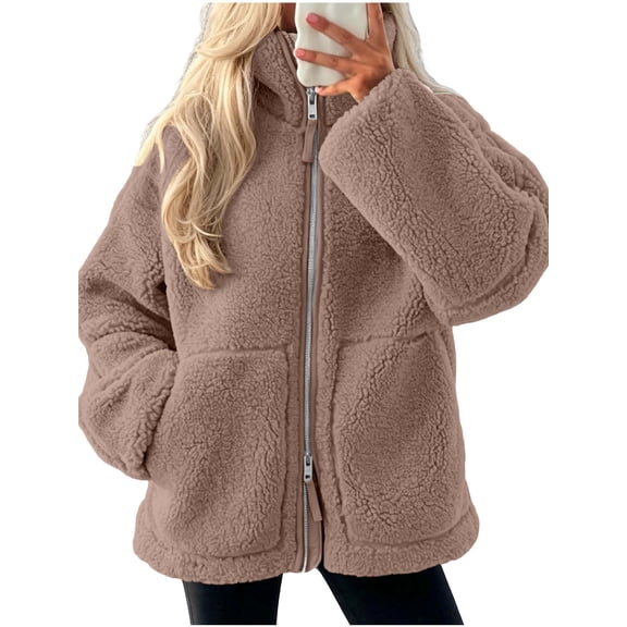 Womens Winter Jacket Baeitkot Long Sleeve Sherpa Fleece Zip Front Coat with Pockets Cozy Winter Travel Coffee XS