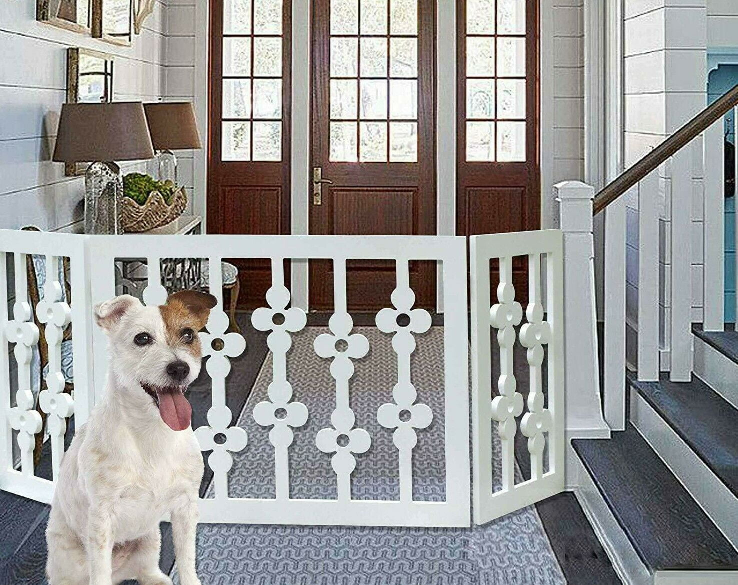 White Floral Wood Pet Dog Gate Foldable Adjustable 3-Section