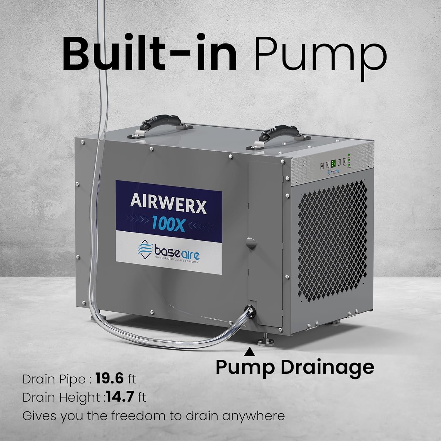 BaseAire 220 Pints Crawlspace Dehumidifiers with Pump and Drain Hose, Up to 2900 Sq Ft ,Commercial Dehumidifier for Home,Garage and Basement, Large Capacity,  Auto Defrost, Intelligent Control