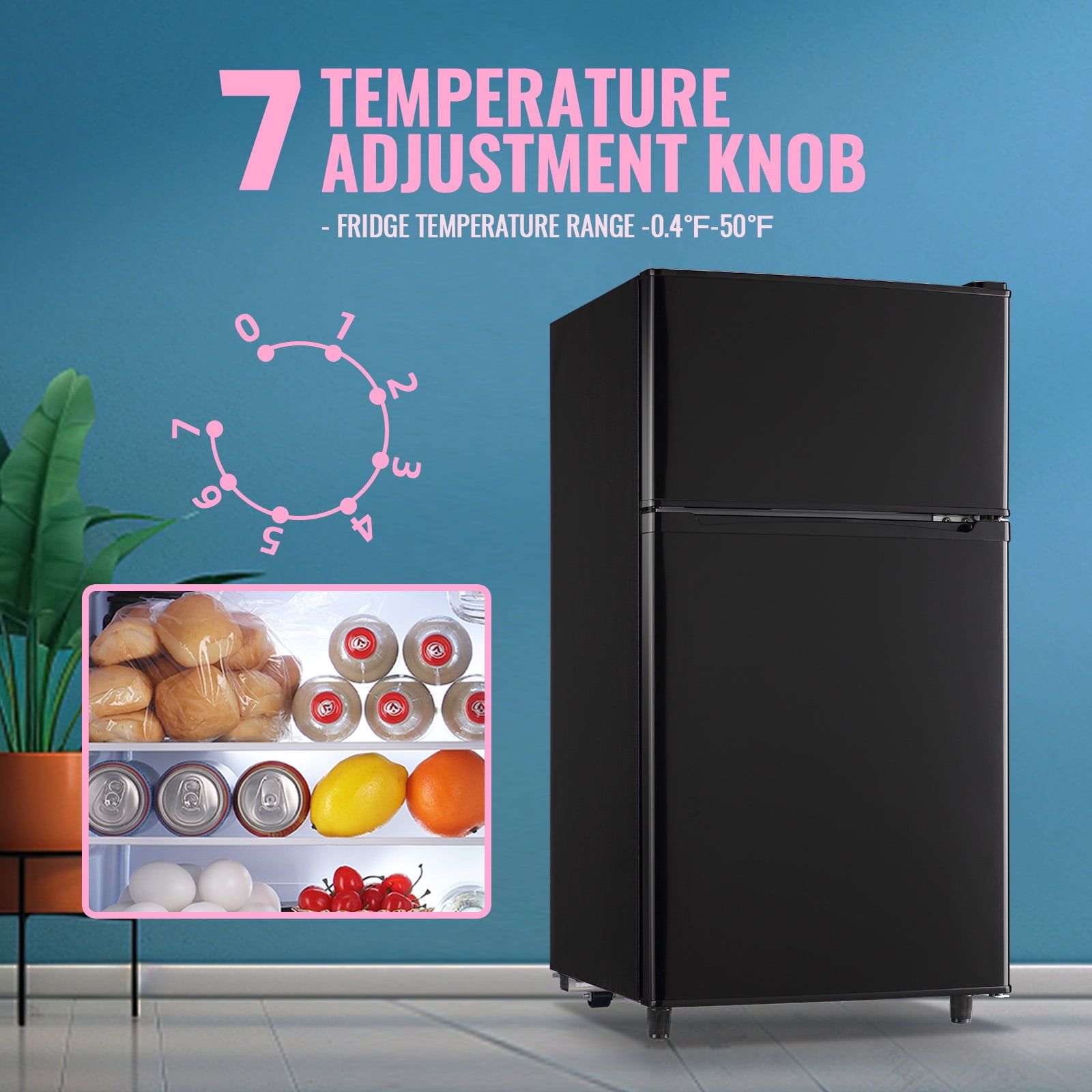 WANAI 3.5 Cubic feet Small Refrigerator with Freezer on Top Double Door Mini Fridge New Black