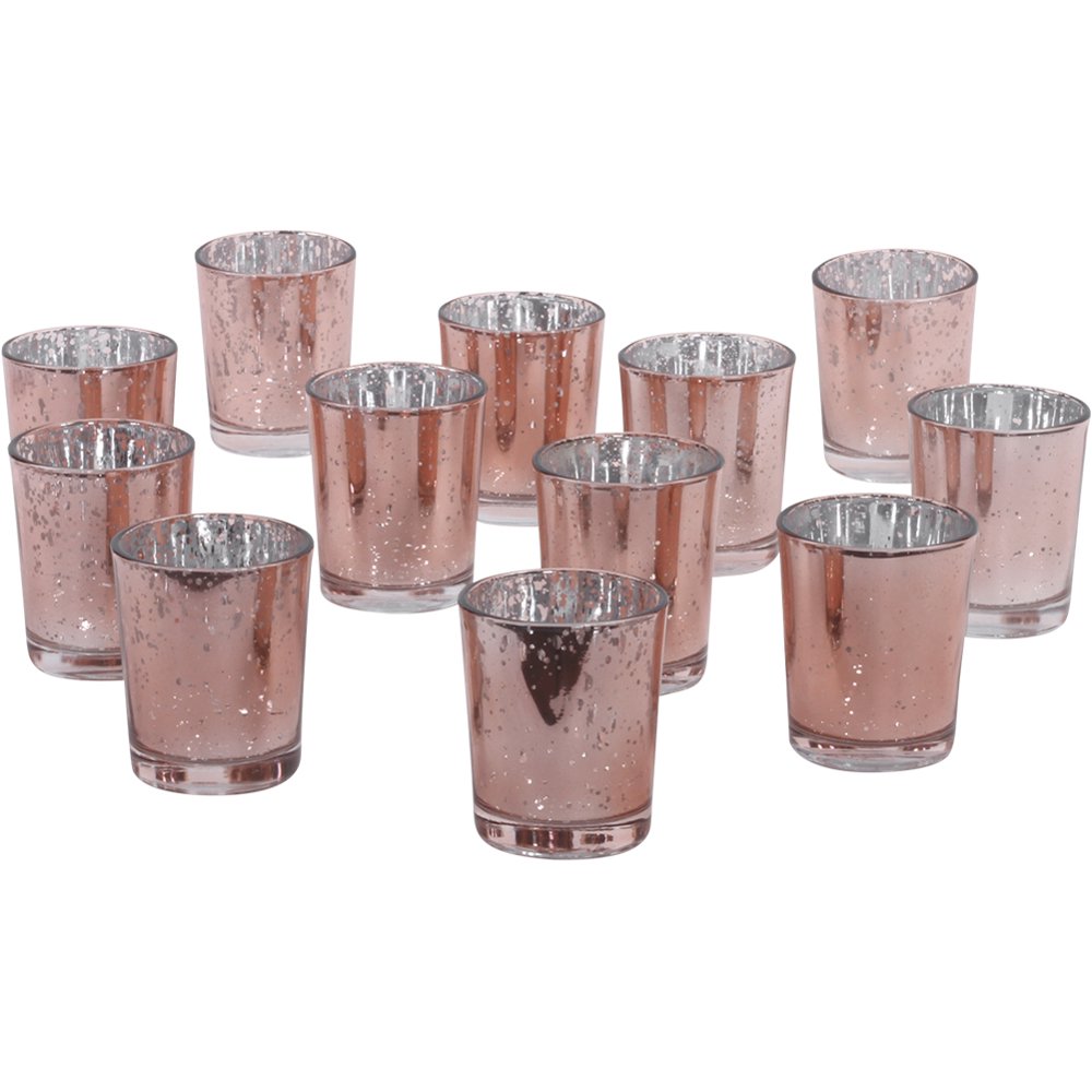 Koyal Wholesale Rose Gold Antique Votive Cups, 12 Pack Mercury Glass
