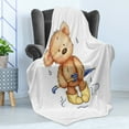 thumbnail image 4 of Bear Soft Flannel Fleece Throw Blanket, Teddy Toy Caught up in Rain Rubber Boots Holding an Umbrella Cartoon, Cozy Plush for Indoor and Outdoor Use, 70" x 90", Sand Brown Yellow Blue, by Ambesonne, 4 of 5