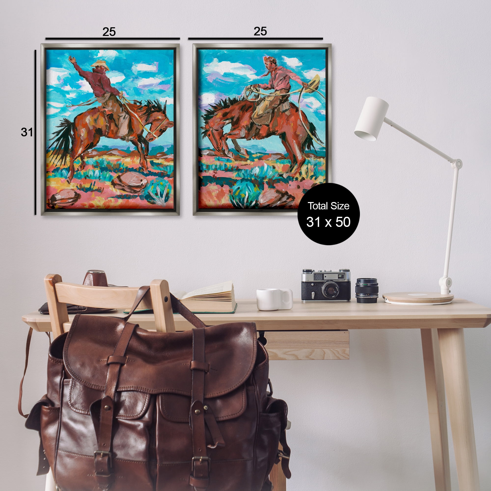 Stupell Industries Rustic Cowboys in Desert Entertainment Painting Gray Floater Framed Canvas Art Print Wall Art, 31 x 25, Set of 2