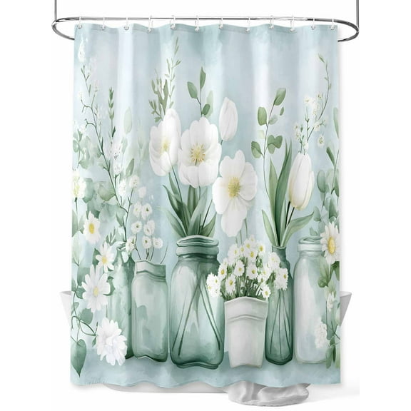 Fsddascl Teal Flower Shower Curtain Set - Extra Long 72" x 96" Washable Bathtub Curtain with 12 Hooks, Vase Botanical Watercolor Summer Waterproof Fabric Stall Shower Curtains for Bathroom/Bathtub