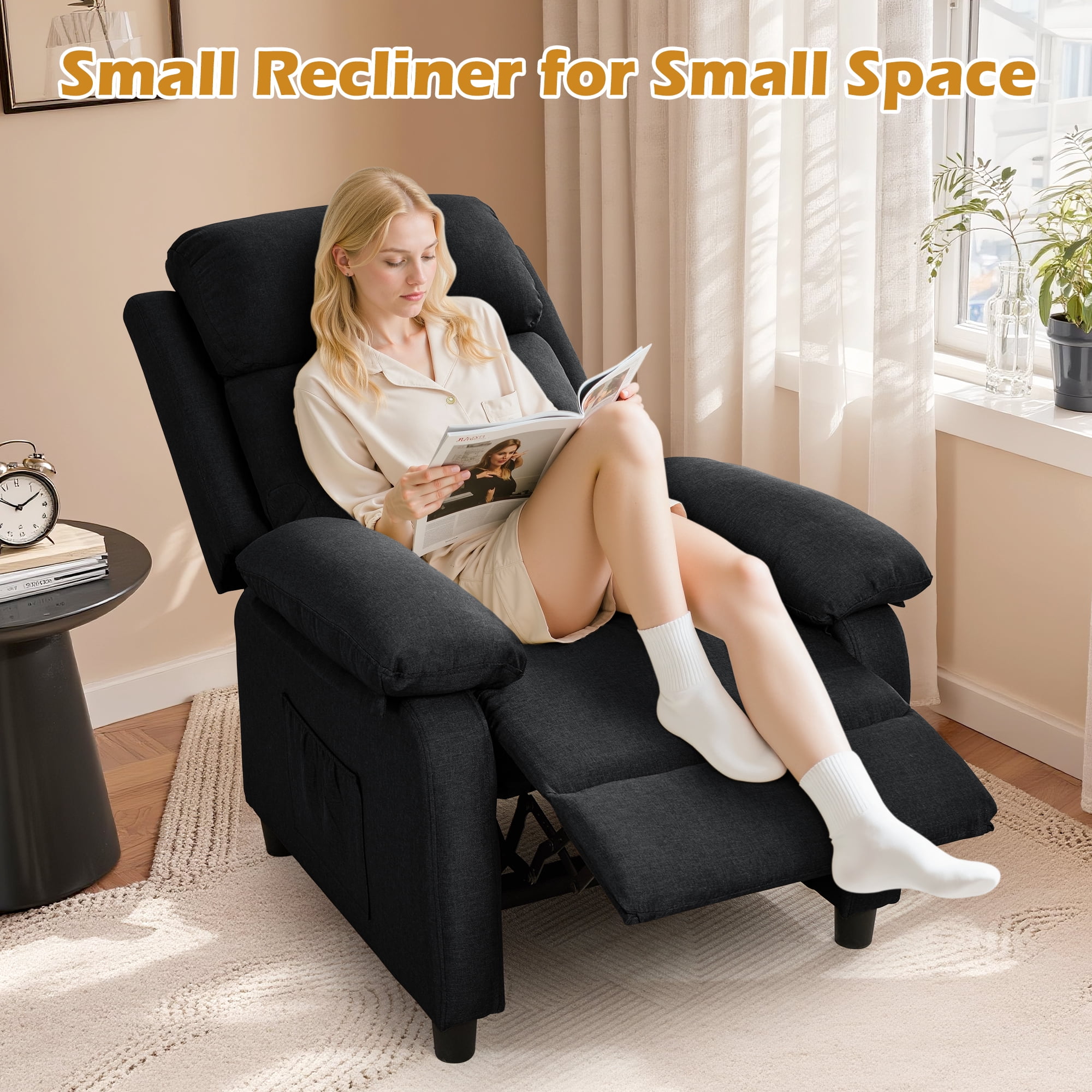 Korser Manual Push Back Recliner Chair with Side Pockets,Recliner Chairs for Adults for Living Room,Small Recliners for Small Spaces,Linen,Black