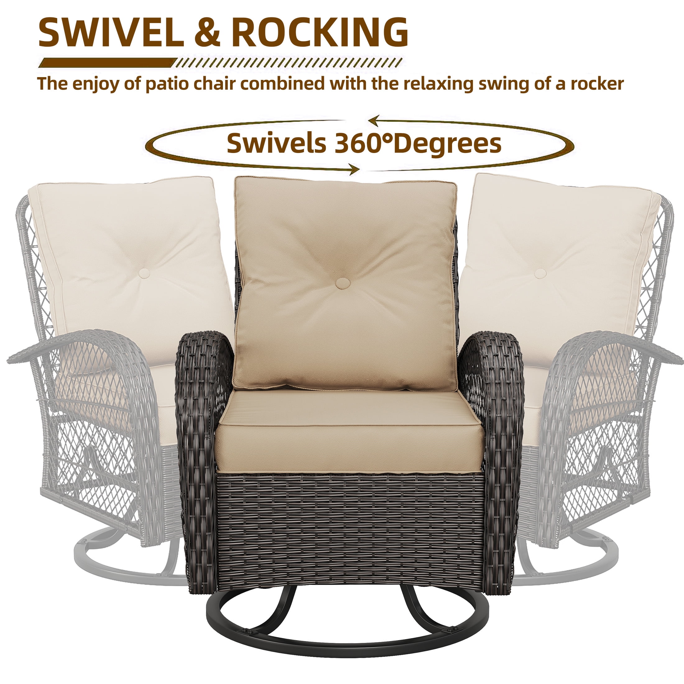 Techmilly 3 Pieces Patio Furniture Set, Outdoor Swivel Gliders Rocker, Glass Top Side Table  (Khaki)