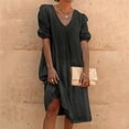thumbnail image 2 of Vestido informal de verano para mujer, de color liso, con cuello en V y manga media - Túnica holgada larga, poliéster, transpirable, tallas S-XXL, ropa de playa/diaria/de fiesta, 2 of 4