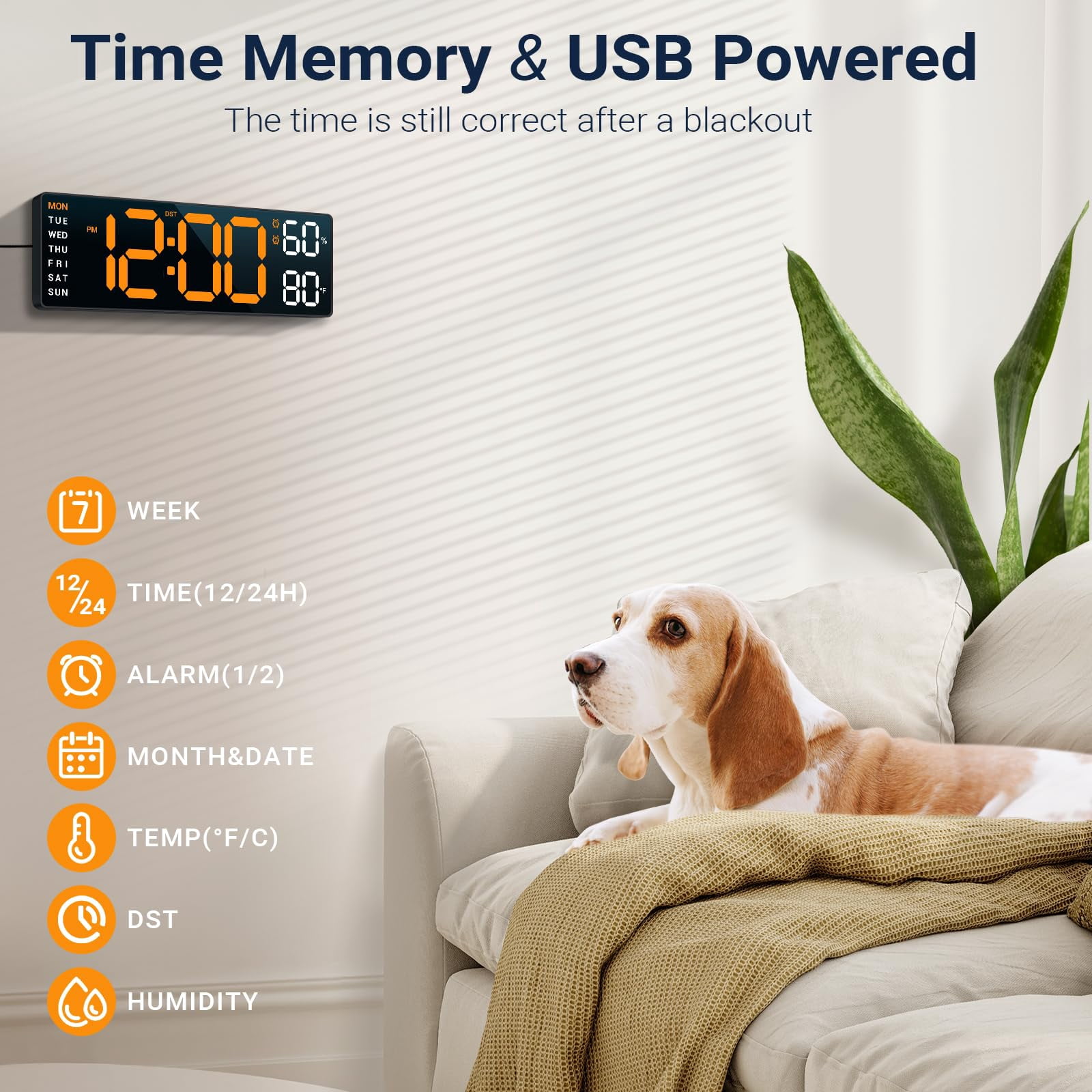 10" Digital Wall Mount Clock: Dual Alarm Wall Mount Clock with Big Led and Functions for Living Room Bedroom Office Desk Decor - Housewarming Gifts Home Wall Decor, Orange