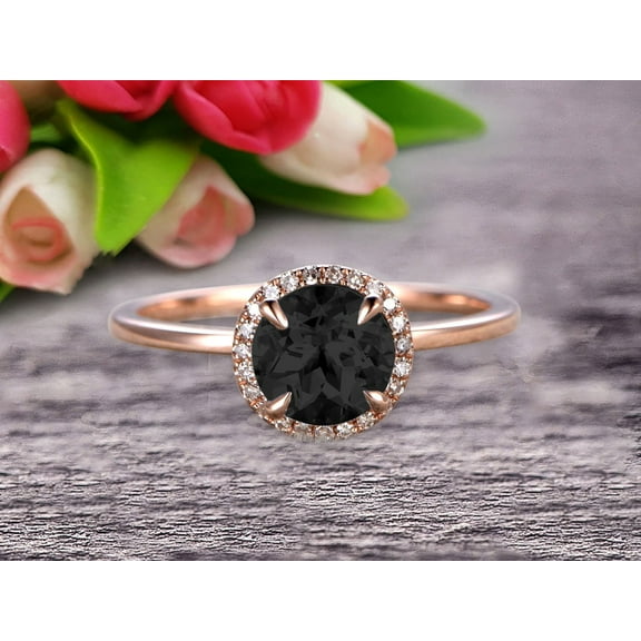 1.25 Carat Round Cut Black Diamond Moissanite Engagement Ring On 10k Rose Gold Halo Antique Design