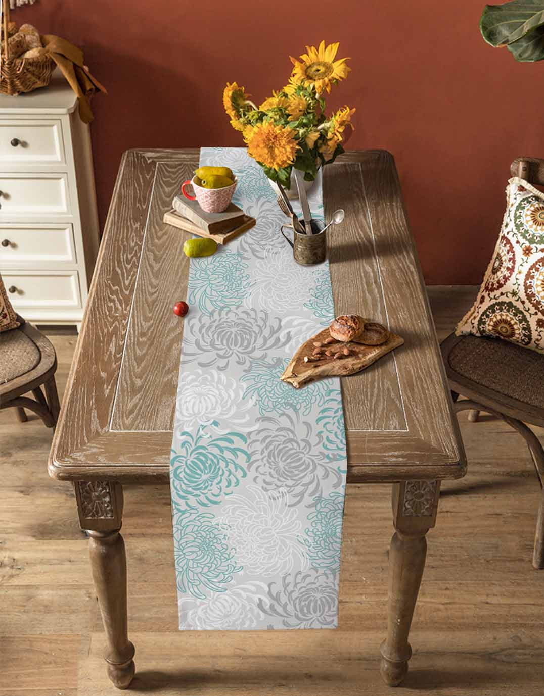 Table Runners 48 Inches Long Dress Scarves, Aqua White Farmhouse Kitchen/Dining Table Runner, Short Coffee Tablerunners, Abstract Grey Chrysanthemum Flower Floral 13x48 Inch