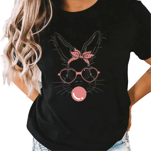 Black S-5XL Funny Bunny With Bandana Bubble Gum Print Tshirt Graphic Tees Shirts Easter Animal Holiday Tops