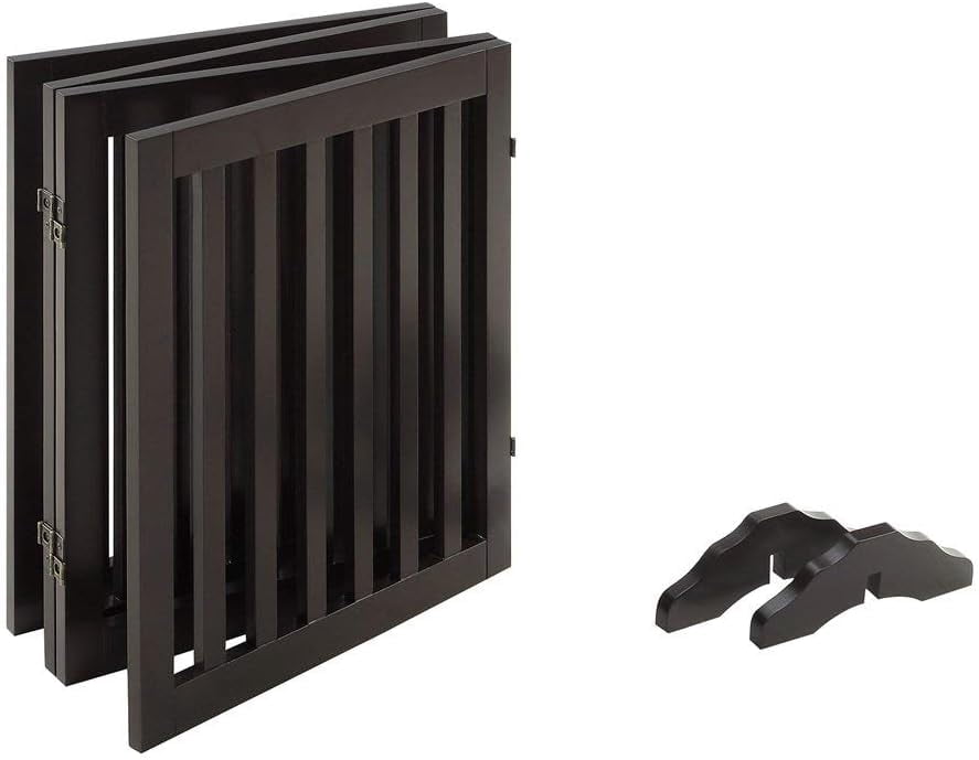 Unipaws 24" H Free Standing Pet Gate for Dog Cat, Wooden Dog Gates for Doorway, Stairs, Step Over Foldable Pet Fence for The House, Expandable Dog Barrier, Indoor Use, Espresso