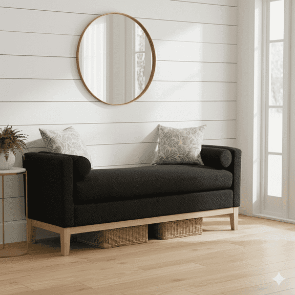 GOMYHOME 66" Upholstered Bed Bench, Modern Black Fabric Ottoman with Bolster Pillows & Wood Base