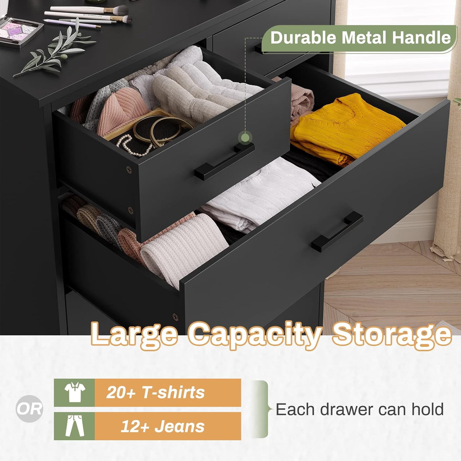 Aunfebrco 6 Drawer Dresser for Bedroom Tall Dresser & Chest of 6 Drawers with Metal Handles, Wood Storage Cabinet Clothes Organizer for Living Room, Black