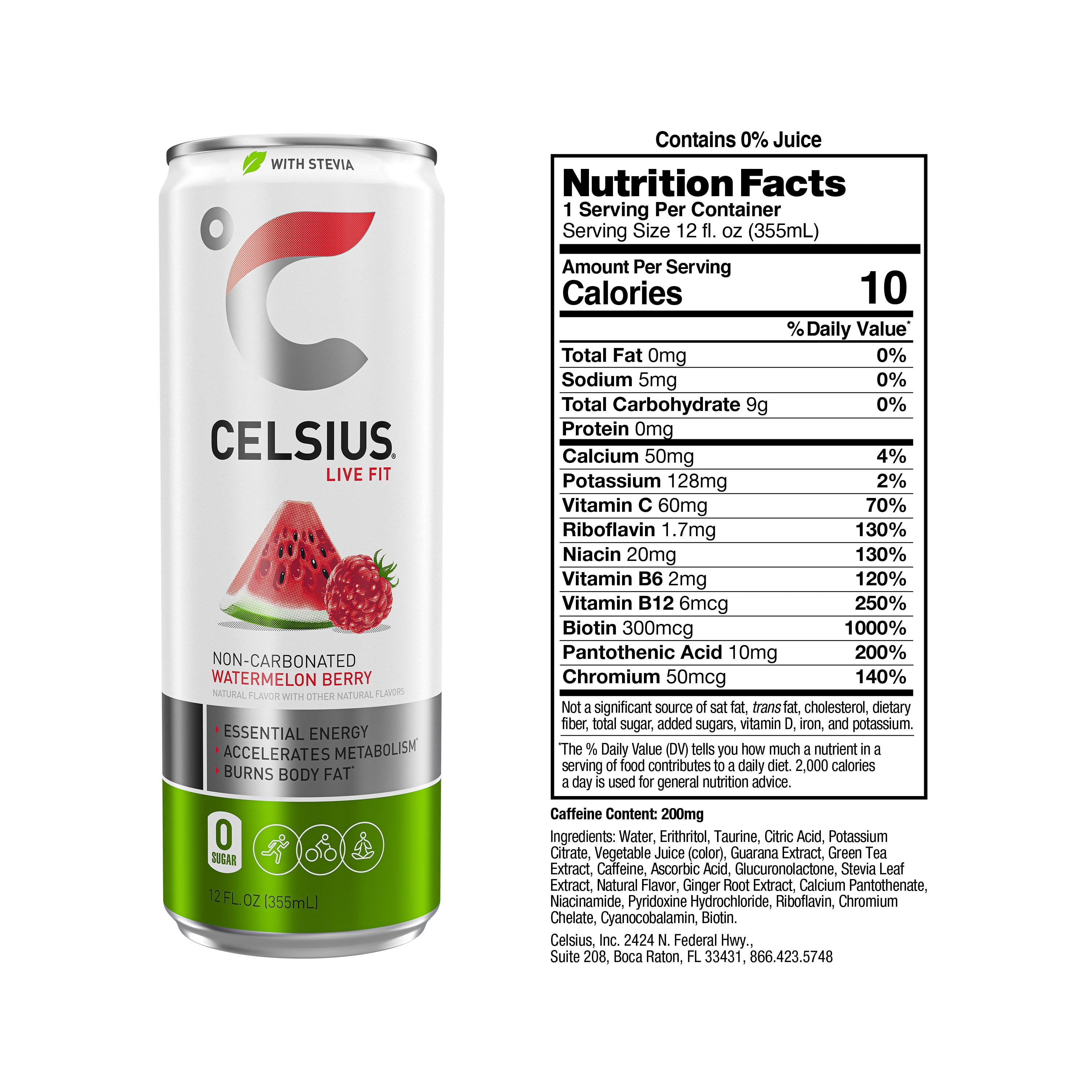 CELSIUS - Fitness Drink - Watermelon Berry - 24 Pack, 12 fl oz - Sweetened with Stevia