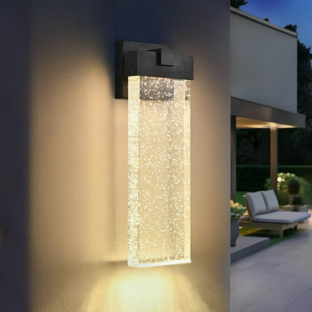 18.2" Front Door LED Outdoor Wall Sconce - Modern Black Aluminum & Bubble Crystal Glass Weatherproof Exterior Light Fixture, 3000K Warm White for Entryway, Garden, Porch