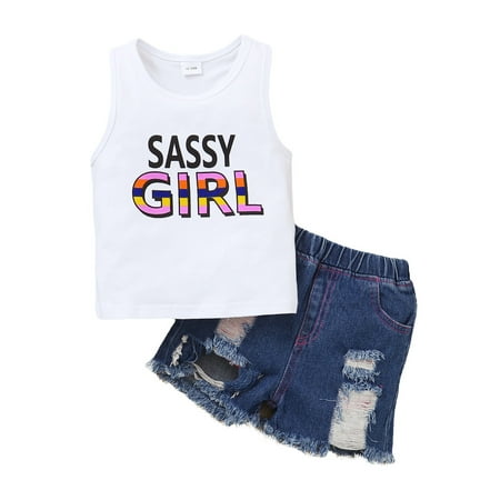 

Kucnuzki 18 Months Baby Girl Summer Outfits Shorts Sets 24 Months Sleevless SASSY GIRL Letetr Prints Camisole Tank Tops Elastic Ripped Denim Shorts 2PCS Set White