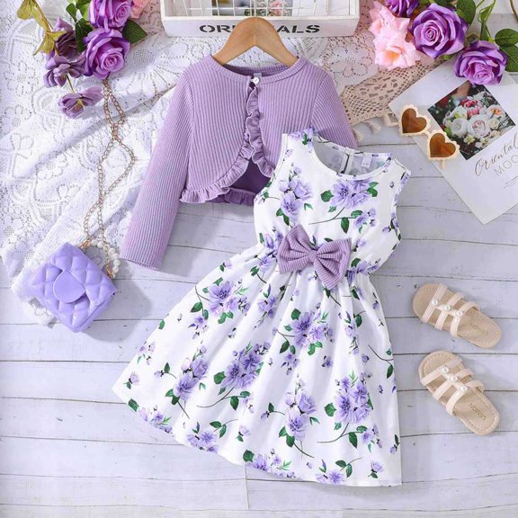 Hotiary Spring and Autumn Girls' Dress Two Piece Set Colorful Sling Skirt and Solid Color Knitted Coat for 2-8 Years Toddler Kids