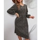 thumbnail image 3 of Vestido midi de mujer con estampado floral, cuello redondo, cintura alta, vestido de manga larga para citas, oficina en casa, negro M, 3 of 6