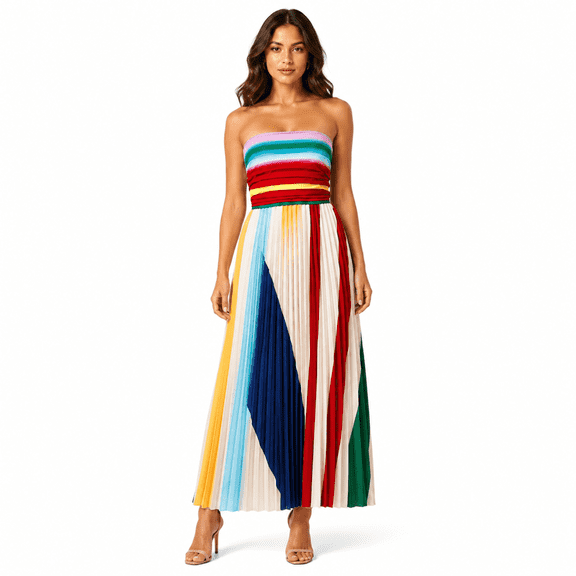 Veyora Apparel Women’s Strapless Colorblock Pleated Maxi Dress, Rainbow Smocked Tube Top Summer Dress